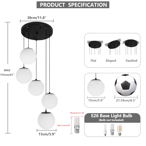 Image of Globe Cluster Chandelier 5-Light, Black Modern Cluster Chandelier with Milk White Glass, Adjustable Globe Staircase Pendant Light for Kitchen Island Dining Room