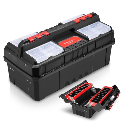 Auto Dynasty Tool Box Set Portable 2-layer Folding Toolbox with Non-slip Handle Tray for Garage, Workshop and On-the-Go Repairs, Red/Black