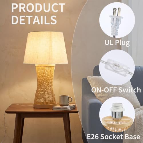 Image of Boho Table Lamp, 17 inch Bamboo Bedside Lamp for Living Room | Farmhouse Nightstand Lamp for Bedrooms, End Tables, Home Decor, Handwoven rattan Base, Linen Shade, E26 Socket