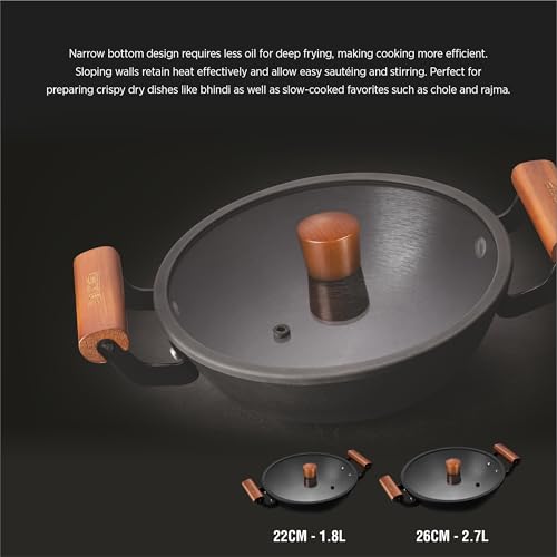 Image of Alda Ironiq Cast Iron Wok 22cm with Lid & Dual Wooden Handles | Pre-Seasoned Kadai | Naturally Non-Stick Heavy Duty Cookware | No Coating No Enamel | Induction & Gas Stove Compatible