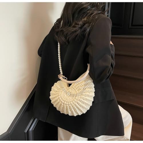 Handwoven Seashell Bag for Women Crochet Beach Bag Boho Clutch with Pearl Strap Leather Handle Unique Design 20254