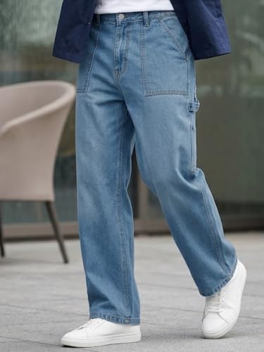 Image of Urbano Plus Men's Loose Mid Rise Baggy Fit Cargo Carpenter Jeans with 6 Pockets Non-Stretchable