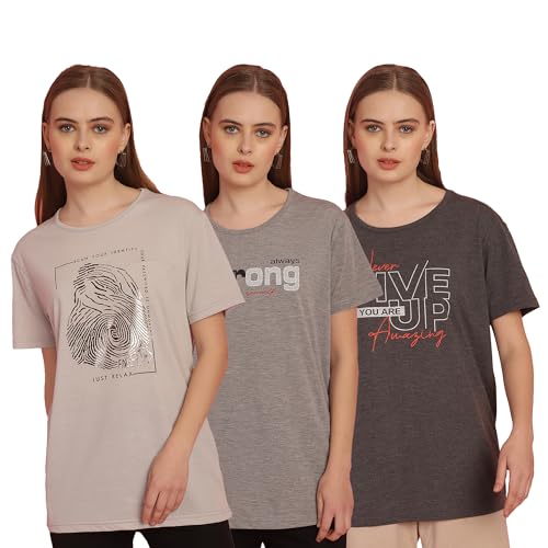 Image of Mack Jonney Printed Round Neck Cotton Regular Fit Half Sleeves Tshirt for Women(Pack of 3)-MACK631327