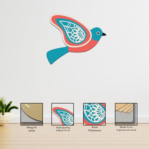 Image of GiftOday Wooden 3D 5 Pieces Birds for Wall Art Panel | Wood Bird Art Wall Hanging Art Decoration Item for Living Room, Bedroom, Drawing Room, Dining Room & Office (Aqua & Orange) Pack of 1