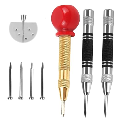 Federkörner Set, 3 Stück Automatik Körner Metall mit 4 Ersatzspitzen, Automatischer Körner Werkzeug, Körner Automatik für Metall, Holz, Glas & Dünne Stahlbleche, Einstellbarer Federkörner 130mm
