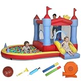 AIYAPLAY Château Gonflable avec souffleur, Parc Aquatique, Aire de Jeux Gonflable, toboggans, Trampoline, Piscine à balles, Panier de Basket, Pistolet à Eau, extérieur/intérieur, pour Enfants 3-8 Ans