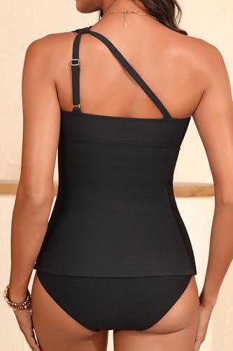 One Shoulder Two Piece Tankini - Ribbed Swim Tops with Bottom Tummy Control Swimsuits Sporty Bathing Suits Swimwear2