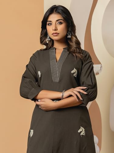 Image of INDO ERA Women's's Pure Cotton Embroidered Kurta Women | Floral Neck & Hem Embroidery | Cotton Kurta Women |