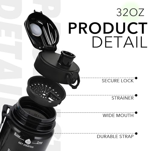 Image of 32oz Motivational Water Bottles with Time Marker & Fruit Strainer, Transparent Gradient Color Water Bottle with Times to Drink, Leakproof & BPA Free, Reusable Bottle with Strap (No Straw)