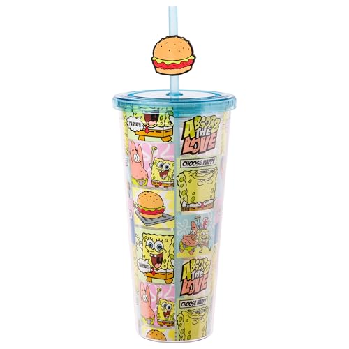 Silver Buffalo Spongebob Squarepants Comic Panel Happy and Love Featuring Patrick Star and Gary the Snail Plastic Cold Cup with Lid and Straw Topper, 24 Ounces