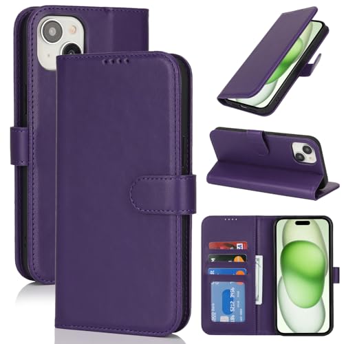 Image of for iPhone 15 Plus Case Wallet with Card Holder,for iPhone 14 Plus Wallet Case for Women Men,PU Leather Shockproof Magnetic Buckle Stand Flip Phone Case-Purple