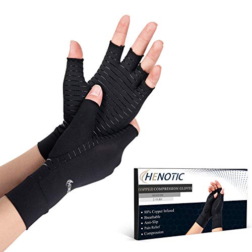 HENOTIC 2 Pairs Copper Arthritis Gloves Men, Fingerless