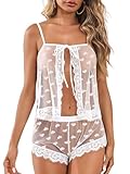 Kolagri Lingerie for Women Sexy Heart Lace Babydoll Mesh Pajamas Set Sheer Sleepwear Bow Ties Cami Nightgown White XL