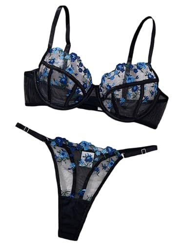 Image of Sexy Floral Embroidered Flower Mesh Underwire Push Up Lingerie Set
