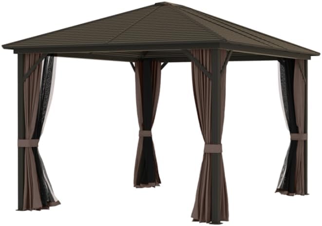 Hardtop Gazebo with Curtains and Netting, Brown, 10x12 ft, Outdoor Patio Shelter with Aluminum Frame