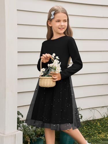 Yousify Girls Ribbed Tutu Dress Kids Long Sleeve Star Sequin Tulle Dress Birthday Party Dresses 5-14 Years3