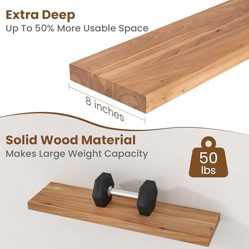 Image of Floating Shelves for Wall Decor, 8 inch Deep Rustic Solid Elm Wood Floating Shelves Wall Mounted, Wall Shelves with Invisible Bracket for Living Room Bathroom Bedroom Kitchen, 30 Inch Set of 2, Natural