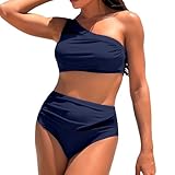 Generisch 2026 Costume da bagno donna bikini bikini da donna a due pezzi costume da bagno alto asimmetrico retina increspata, Blu marino, XXL