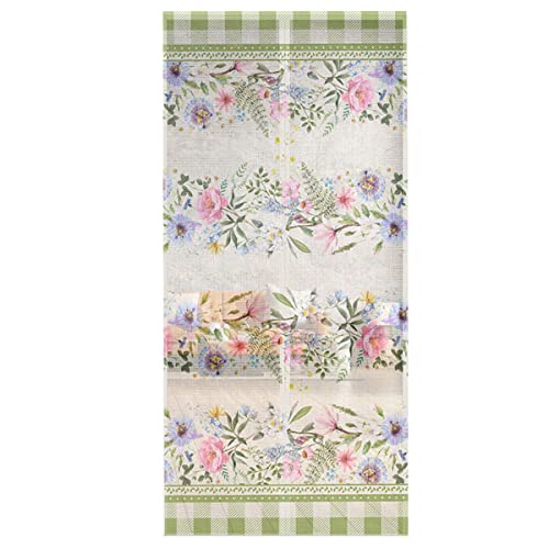 Magnetic Screen Door, Spring Floral Hand Free Door Screen Mesh For Single Front Patio Sliding Door, Fit Door Up To 38" X 82", Summer Rustic Flowers Green Plaid #TOP6