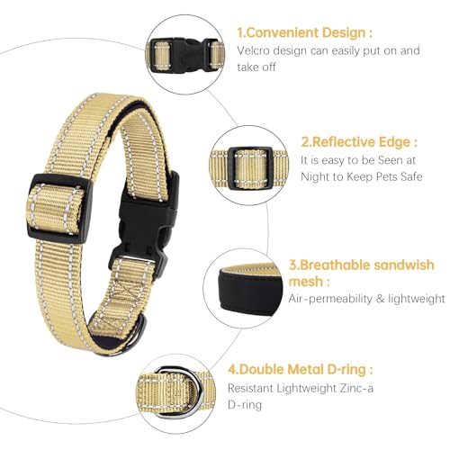 HEELE Hundehalsband, Hundehalsband aus Nylon, Reflektierend Halsband Hund mit Weich Neopren Gepolstert für Welpen Kleine Mittel Große Hunde Läng Einstellbereich 26-38cm, Sandbraun, S
