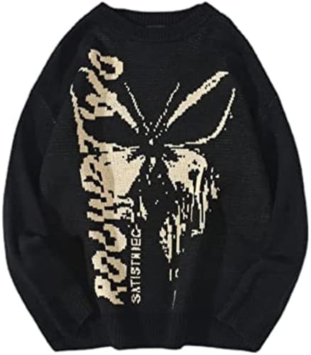 Ponitrack Y2K Hip Hop Knit Sweater Grunge Butterfly Oversized Streetwear Goth Pullover Sweater Aesthetic Streetwear Fairycore Top (Black,Large,Large)