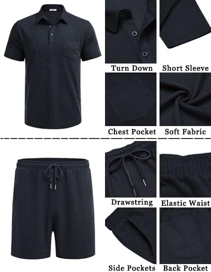 COOFANDY Men's Waffle Knit Polo Shirt and Shorts Set 2 Pieces Outfits Summer Suit Casual Tracksuit with Pockets - Image 5