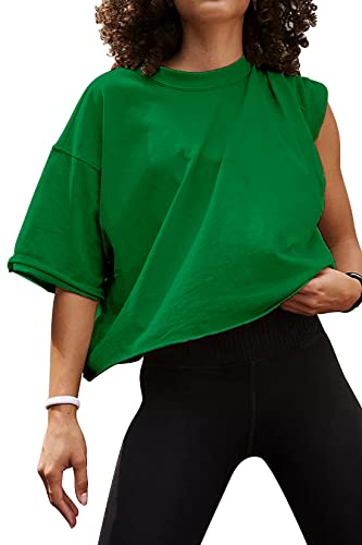 Image of HUGOOME Womens Oversized Workout Crop Top Casual Short Sleeve Boxy Roll Hem | Basic Half Split Sleeve Drop Shoulder Loose Yoga Running Gym Tee Cropped T-shirt Solid Trendy Relaxed Daily Tee
