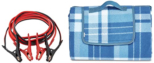 Image of AmazonBasics Jumper Cable 10 Gauge, 12 Feet & Microfiber Picnic Rectangular Blanket with Waterproof Backing, Multicolour, 195 Cm, 150 Cm