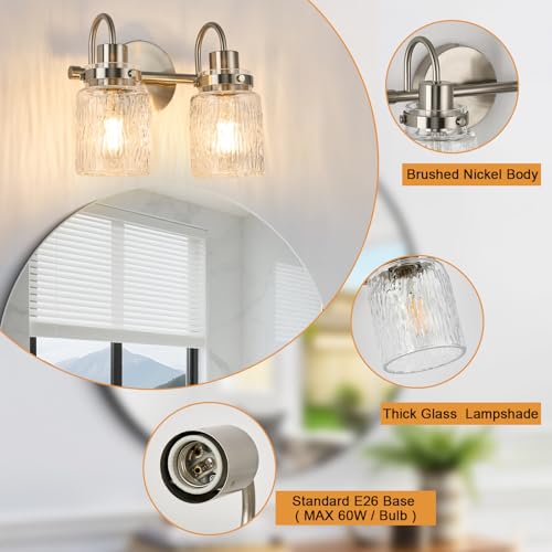 Image of 2 Lights Hammered Glass Bathroom Vanity Light,Brushed Nickel | Easy Installation,Up or Down,Farmhouse Modern Style,E26 Socket,ETL Certification