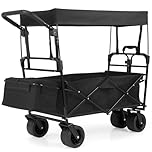 Costway Collapsible Wagon with Removable Canopy, Folding Garden Cart with Adjustable Handles, Detachable Storage Bag & All-Terrain Wheels, Heavy Duty Outdoor Utility Cart for Camping, Beach & Shopping