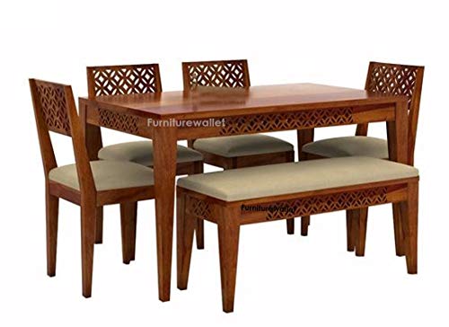 Image of Sheesham Wood Dining Table 6 Seater with Bench for Dining Room in Honey Finish