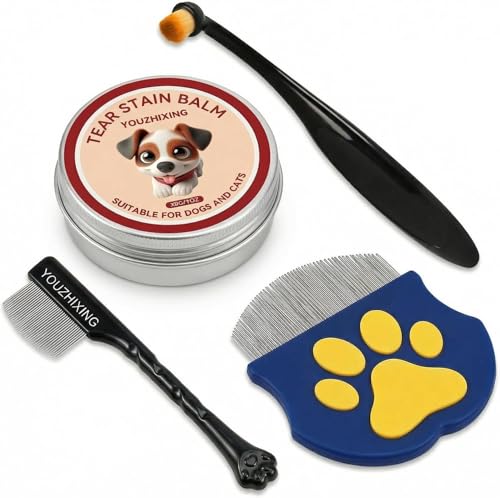 youzhixing 4-in-1 Tear Stain Remover Kit for Dogs & Cats - 1oz Natural Eye Balm with Pro Application Brush & 2 Stainless Steel Combs - Professional Eye Gunk (4in1 Balm + Brush + Large & Small Combs1)