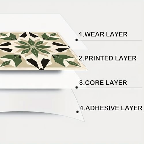 Image of Nuxovilar Peel and Stick Vinyl Floor Tiles, 12x12 Inch | Retro Dark Green Starburst Geometric Pattern, Self-Adhesive Flooring (10 Pcs)