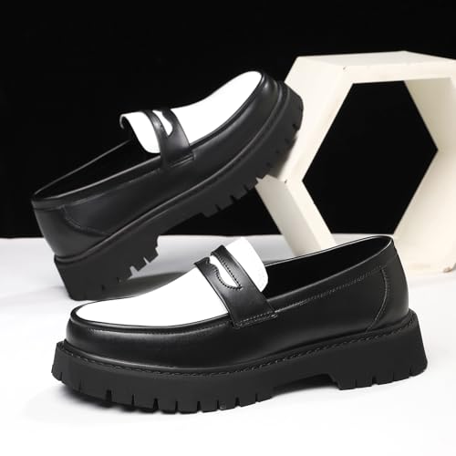 Image of Men's Leather Platform Chunky Slip-On Penny Loafers Classic Round Toe Lug Sole Business Casual Formal Work Shoes