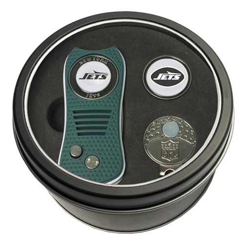 Team Golf NFL New York Jets Tin Ball Marker Gift Set with Retractable Divot Tool, Cap Clip, and 2 Double-Sided Enamel Ball Markers, Patented Design, Less Damage to Greens