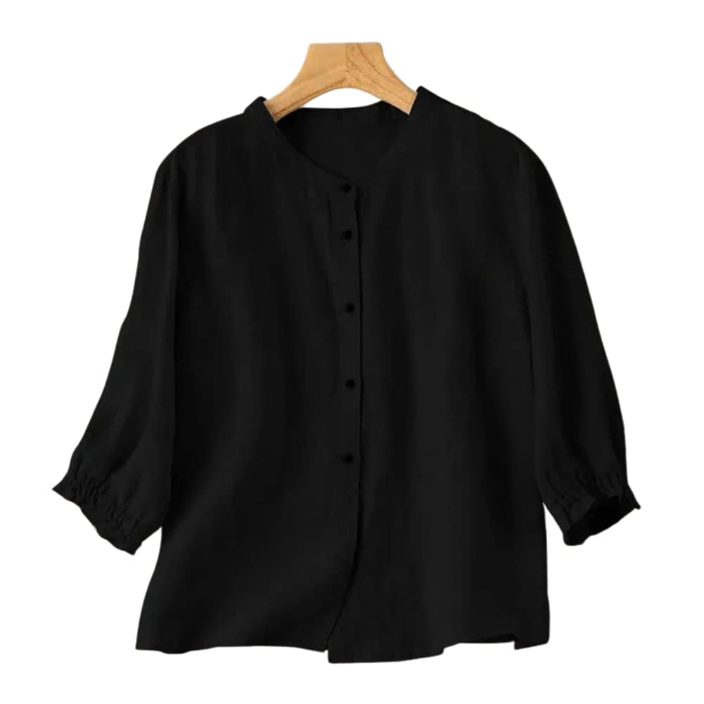 リネンブラウス 七分袖 綿麻 シャツ スタンドカラー 前開き フリル袖 ナチュラル キレイめ 無地 大人 おしゃれ ゆったり かわいい 大きいサイズ 綿麻混-ブラック||M