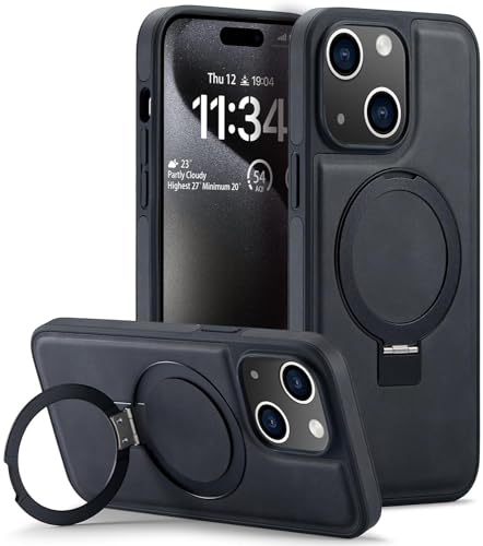 Housse iPhone 15 Plus cuir noir : protection idéale en voyage d'affaires avec support vidéo