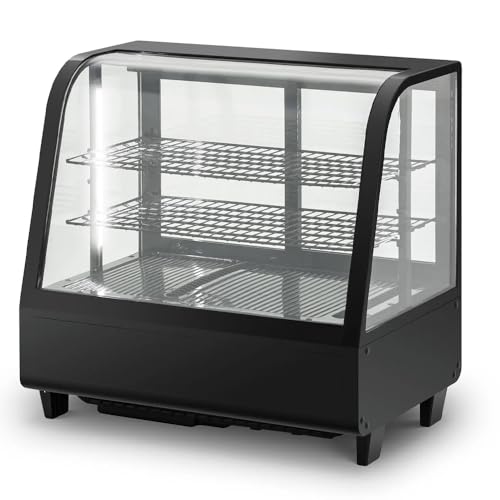 ROMUX® Vitrina Pastelera Expositora Refrigerada 2 Estantes con 2 Puertas Correderas Negra 100 Litros Ventilada | Vitrina Sobremesa Cristal Curvado