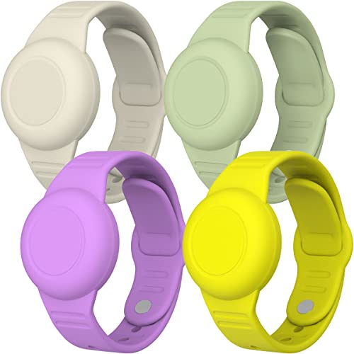 SUIHUOJI 4 Pack Airtag Bracelet for Kids Waterproof, Silicone Wristband Full Case Cover for Apple Airtag Holder, Toddler Band Hidden Accessories for Child Tracker Strap Purple+Yellow+Green+White