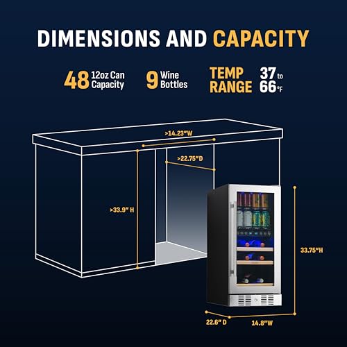 Image of NewAir 15 inch Dual Zone Beverage Refrigerator & Wine Cooler for 9 Bottles & 48 Cans | Freestanding or Built-In Under Counter Mini Fridge for Beer, Wine and Soda | Stainless Steel
