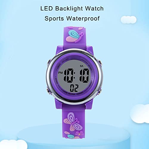 Qudinip LED- Kinderuhr, Wasserdicht, Cartoon- Digital- Kinderuhr mit Stoppuhr- Alarm, für 3 Bis 10 Jahre Alt, Verstellbar, Komfortables Design (Dunkelviolett)-5