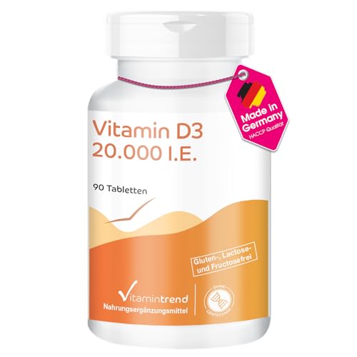 Vitamintrend Vitamin D3 20000 I.E. hochdosiert, 90 Tabletten, Sonnenvitamin Cholecalciferol, Nahrungsergänzungsmittel ohne Zusätze, in Deutschland hergestellt