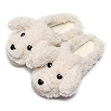FAYUEKEY Cut Puppy Teddy Animal Slippers For Women Men Girls Winter Warm Memory Foam Cotton Home Soft Plush Fur Slippers Indoor Outdoor (White A, 6)
