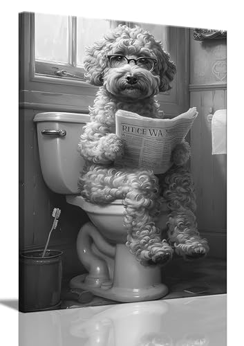 OIQArtOIQ Funny Bathroom Canvas Wall Art Black and White Wall Art Teddy Dog On Toilet Reading Newspaper Animal Art Prints Artwork For Restroom, 16x24 in