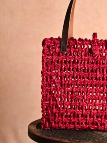Image of KADAM HAAT Women Handmade Sabai Grass Lunch Bag, Eco-Friendly, Handcrafted, Non-Plastic Lunch Container, Red (Surkhi, Large)