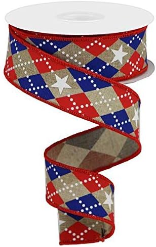 Argyle Stars Wired Edge Ribbon - 10 Yards (Light Beige, 1.5)