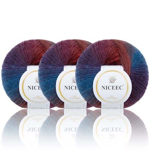 Image of NICEEC 3 Skeins Rainbow Soft Yarn 100% Wool Gradient Multi Color Yarn for Crocheting Knit Total Length 180mx3(196ydsx3,50gx3)-17#