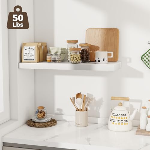 Image of Fun Memories 12 Deep Floating Shelves for Wall | 30W x 12D Large Floating Shelves | 2 Pack Storage Space Wall Mount Shelf for Living Room Bathroom Toilet Laundry Room Kitchen Home Office - White