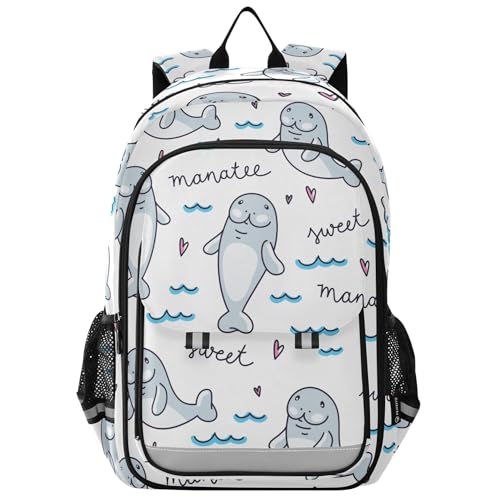 Cute Cartoon Manatee Backpack School Backpack with Reflective Stripes, Lightweight Laptop Backpack Students Book Bag