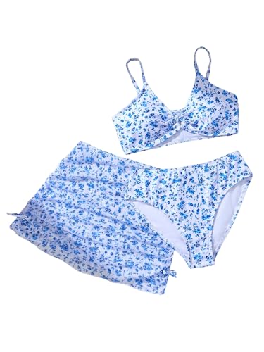 MakeMeChic Girl's Bikini Sets Twist Floral Spaghetti Strap High Waist Swimsuit with Beach Skirt